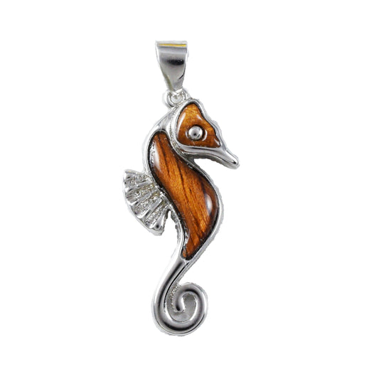 Hawaiian Genuine Koa Wood Seahorse Pendant, Sterling Silver Koa Wood Sea Horse Pendant, Christmas Anniversary Birthday Gift