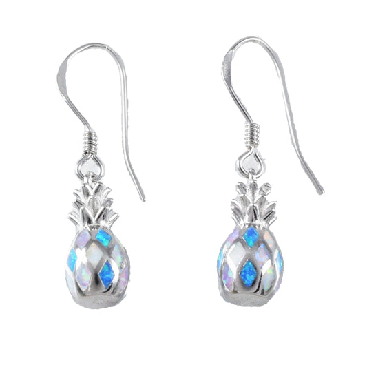 Hawaiian 3D Blue White Pink Opal Pineapple Earrings, Sterling Silver Pineapple Dangle Earrings, Hawaiian Christmas Mother Mom Birthday Gift