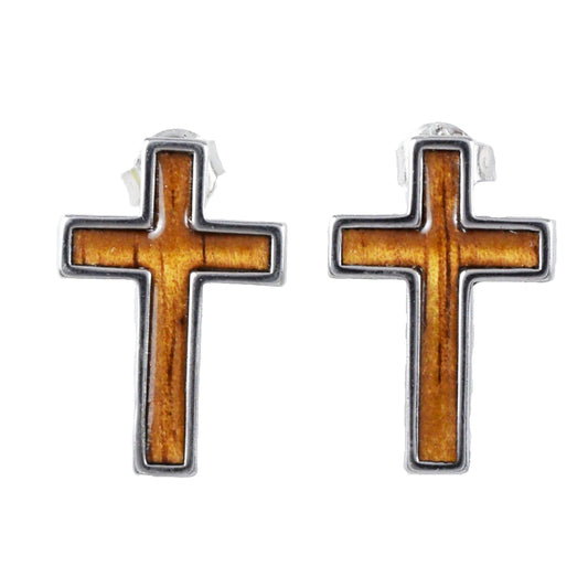 Hawaiian Large Genuine Koa Wood Cross Earrings, Sterling Silver Koa Wood Inlay Cross Stud Post Earrings, Hawaiian Birthday Mother Gift