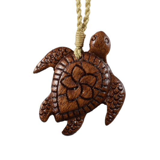 Hawaiian Genuine Koa Wood Sea Turtle Plumeria Necklace, Hand Carved Koa Wood Sea Turtle Necklace, Christmas Anniversary Birthday Gift