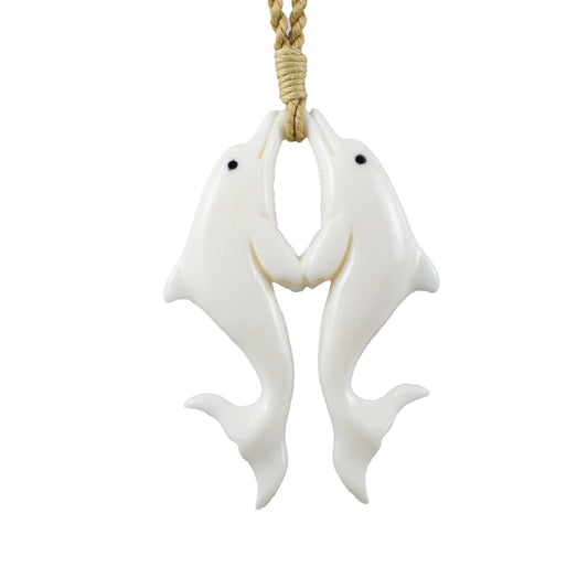 Hawaiian Large 2 Dolphins Necklace, Hand Carved Buffalo Bone Dolphins Necklace, Christmas Present, Anniversary Mother Mom Birthday Gift