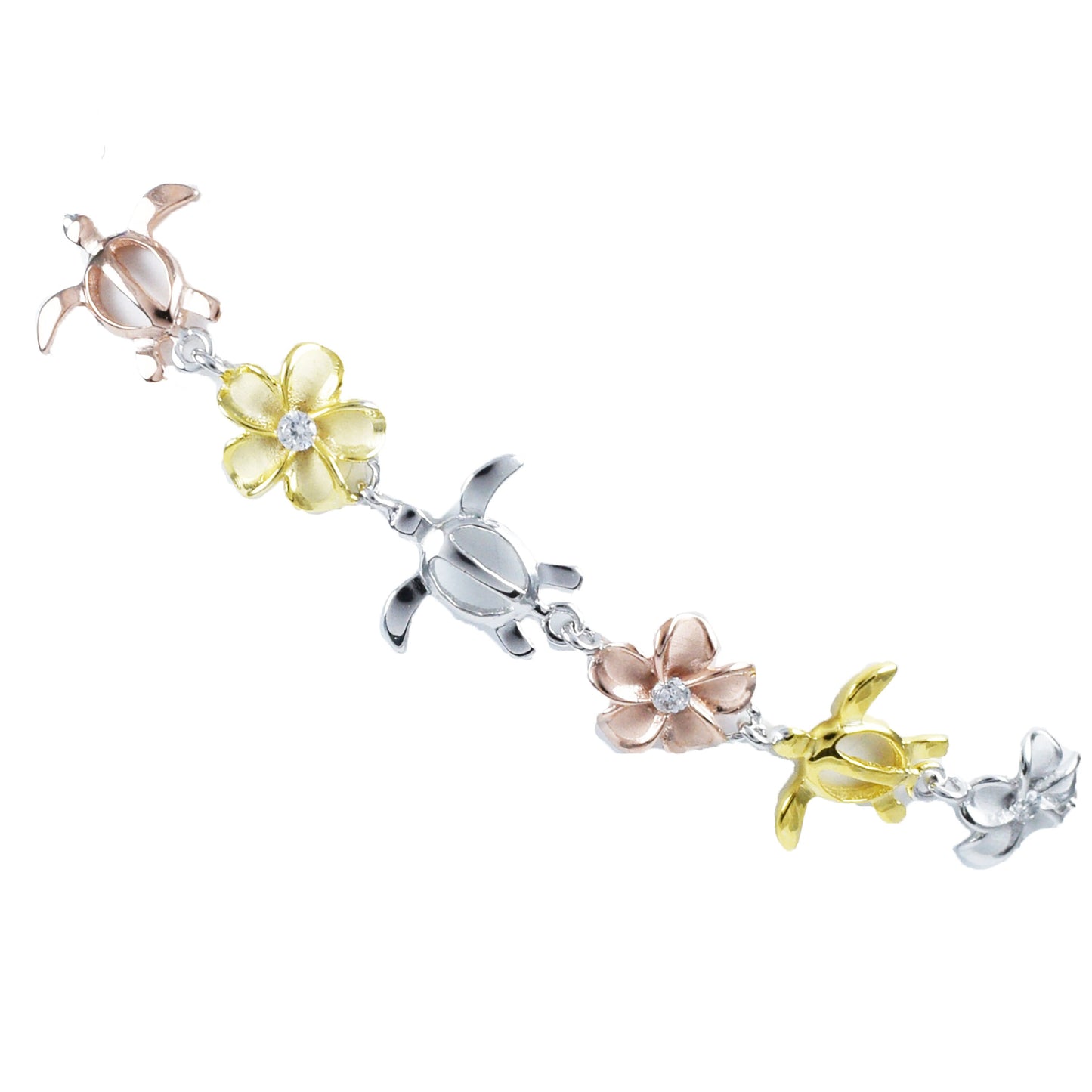 Adjustable Hawaiian Tri-color Sea Turtle Plumeria Bracelet, Sterling Silver 3-Tone Turtle Flower CZ Bracelet, Christmas Mom Birthday Gift