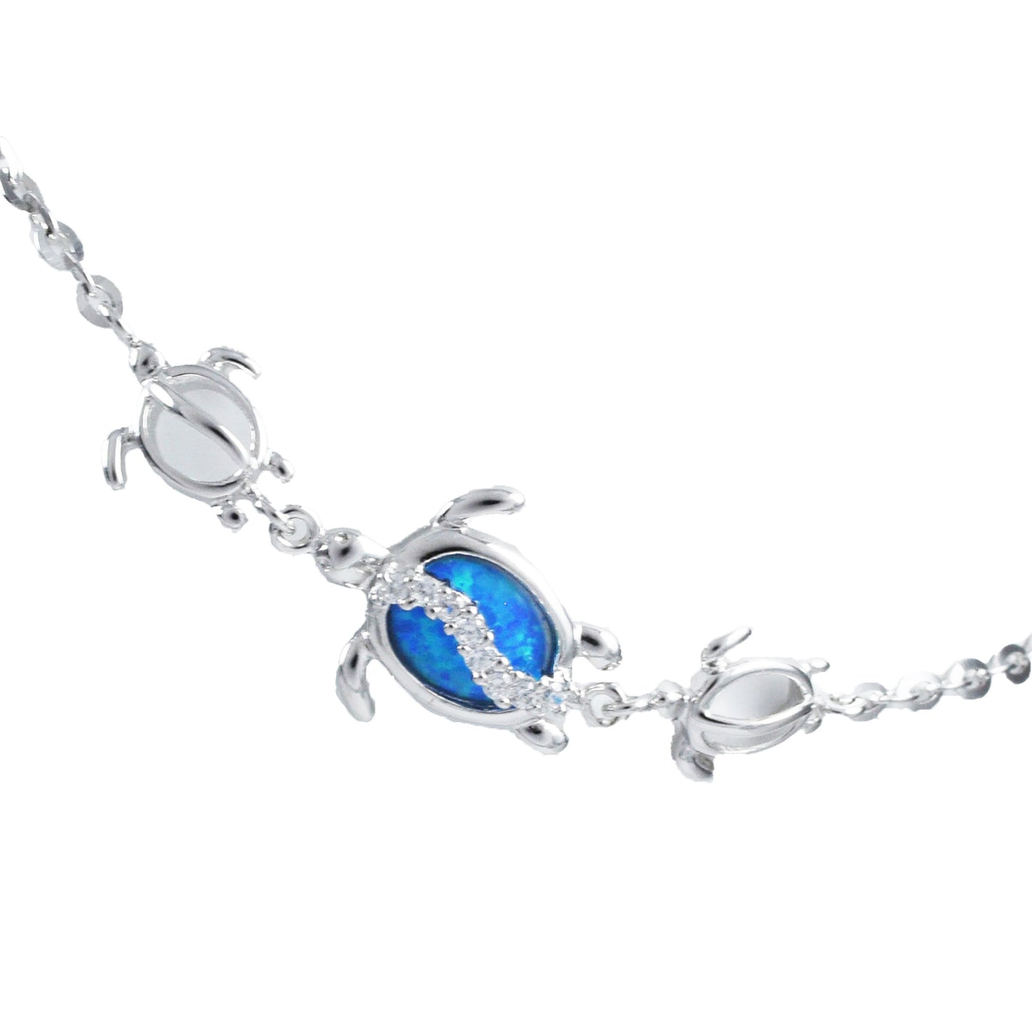 Adjustable Hawaiian Blue Opal Sea Turtle Ankle Bracelet, Sterling Silver Blue Opal 3 Turtle CZ Anklet, Christmas Birthday Mother Mom Gift