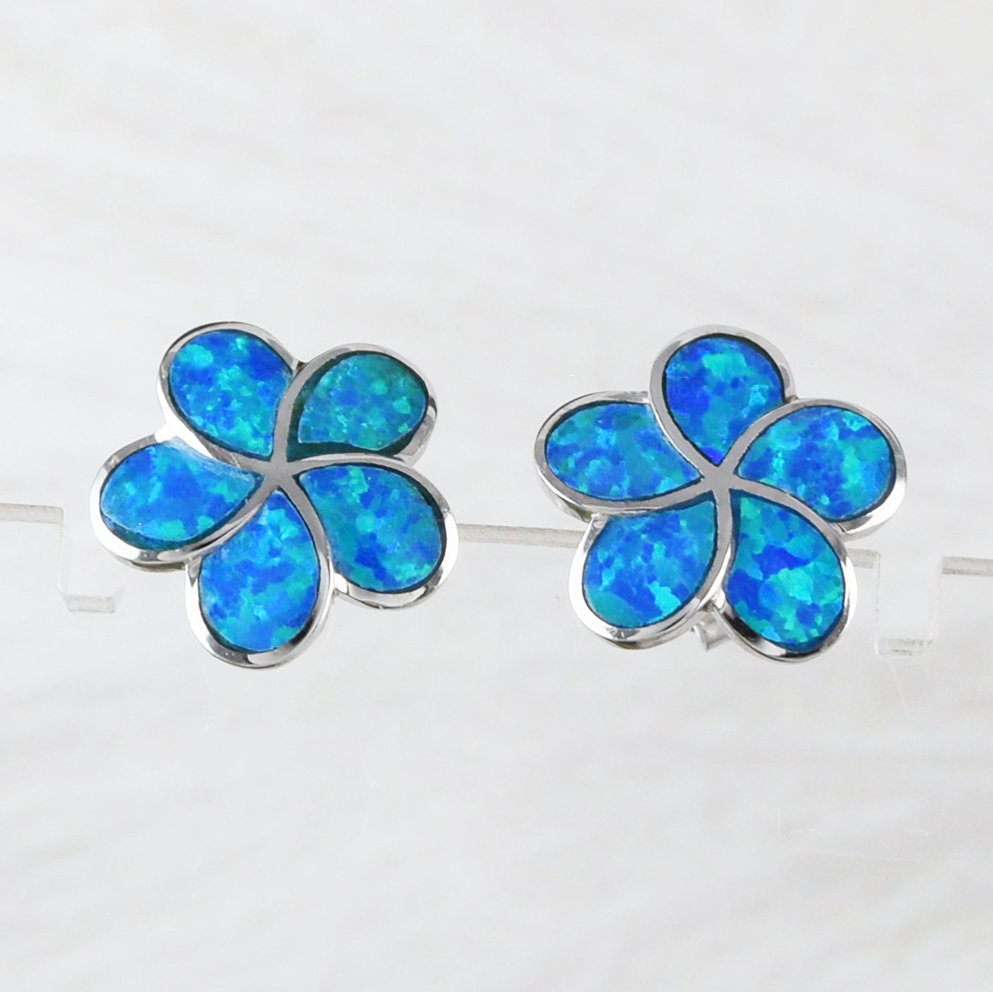 Beautiful Hawaiian Blue Opal Plumeria Earring, Sterling Silver Blue Opal Plumeria Stud Earring, E4031 Birthday Mom Mother Gift - Hawaii Treasures Shop