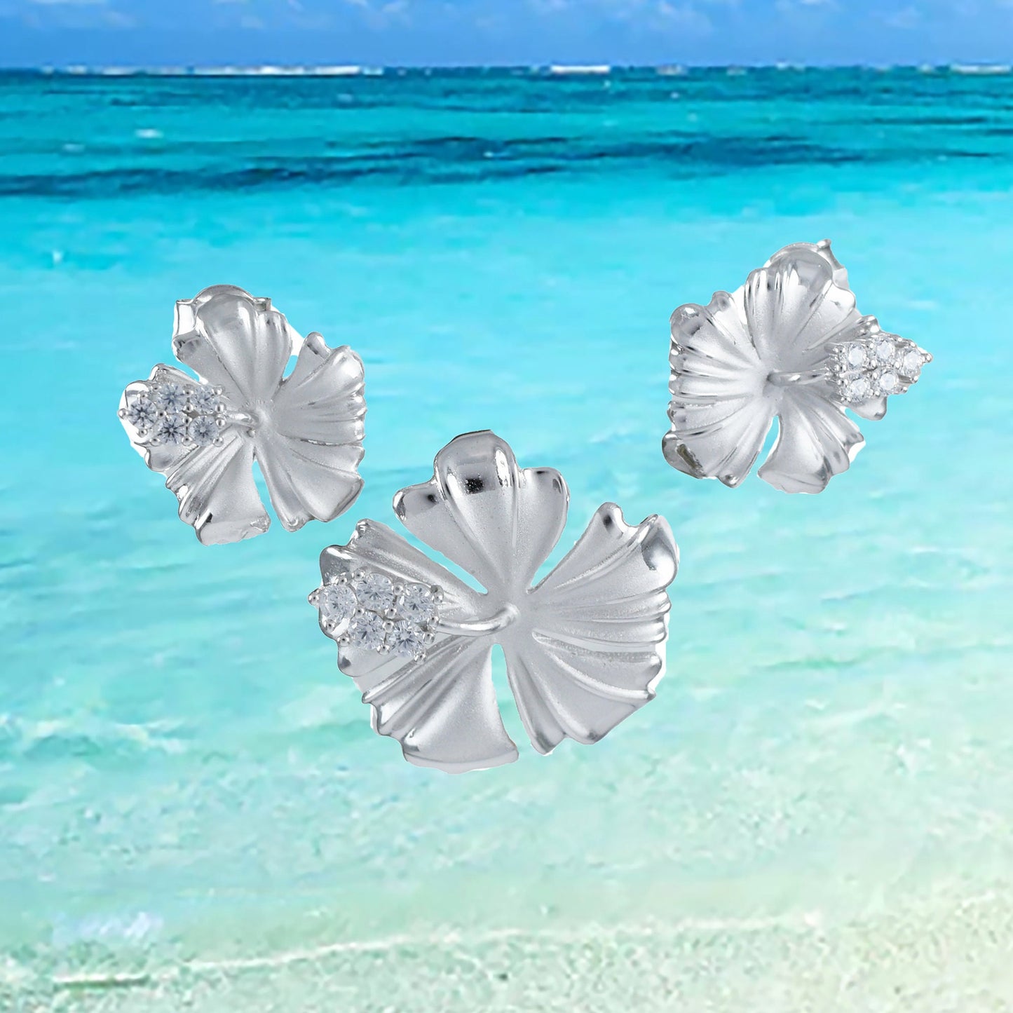 Hawaiian Hibiscus Necklace and Earrings, Sterling Silver Hibiscus CZ Pendant, Hawaiian Jewelry, Christmas Present, Anniversary Birthday Gift