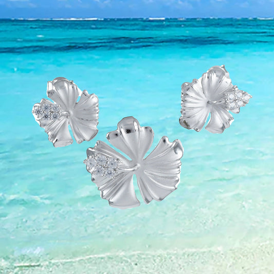 Hawaiian Hibiscus Necklace and Earrings, Sterling Silver Hibiscus CZ Pendant, Hawaiian Jewelry, Christmas Present, Anniversary Birthday Gift