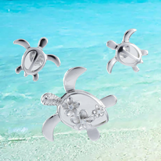 Hawaiian Sea Turtle 3 Plumeria Necklace and Earrings, Sterling Silver Turtle 3 Plumeria CZ Pendant, Christmas Mom Birthday Gift