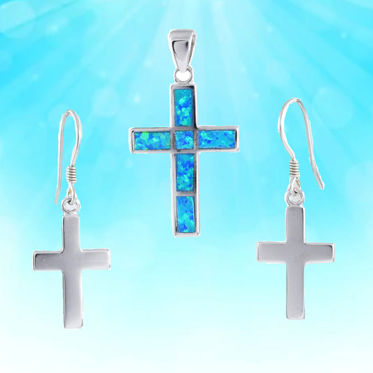 Hawaiian Blue Opal Cross Necklace and Earrings, Sterling Silver Blue Opal Inlay Cross Pendant, Christmas Anniversary Birthday Gift