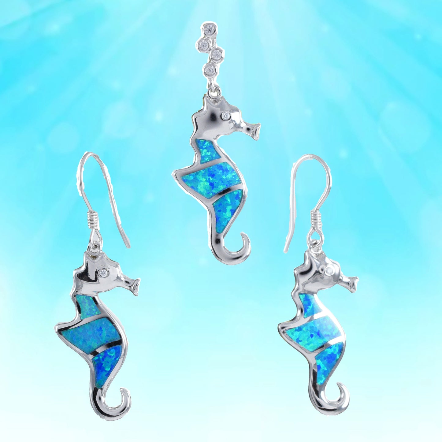 Hawaiian Blue Opal Seahorse Necklace and Earrings, Sterling Silver Blue Opal Sea Horse CZ Pendant, Christmas Anniversary Birthday Mom Gift