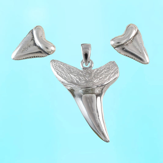 Hawaiian 3D Solid Shark Teeth Necklace and Earrings, Sterling Silver Shark Teeth 3D Solid Charm Pendant, Christmas Mom Birthday Gift