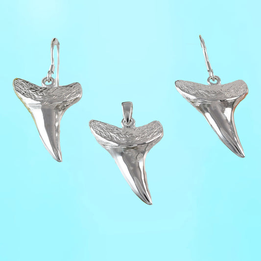 Hawaiian 3D Solid Shark Teeth Necklace and Earrings, Sterling Silver Shark Teeth 3D Solid Charm Pendant, Christmas Mother Birthday Gift