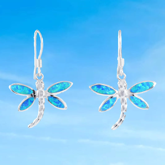 Beautiful Hawaiian Large Blue Opal Dragonfly Earring, Sterling Silver Blue Opal Dragonfly Dangle Earring, E6146 Birthday Mother Mom Gift - Hawaii Treasures Shop