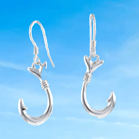 Hawaiian Large 3D Fish Hook Earrings, Sterling Silver Fish Hook Dangle Earrings, W4140 Mother Birthday Anniversary Gift
