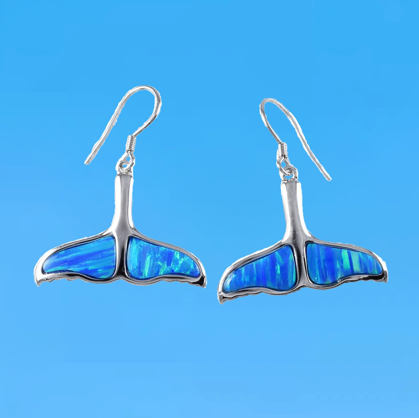 Gorgeous Hawaiian X-Large Blue Opal Whale Tail Earring, Sterling Silver Blue Opal Whale Tail Dangle Earring, E9378 Birthday Mother Gift - Hawaii Treasures Shop