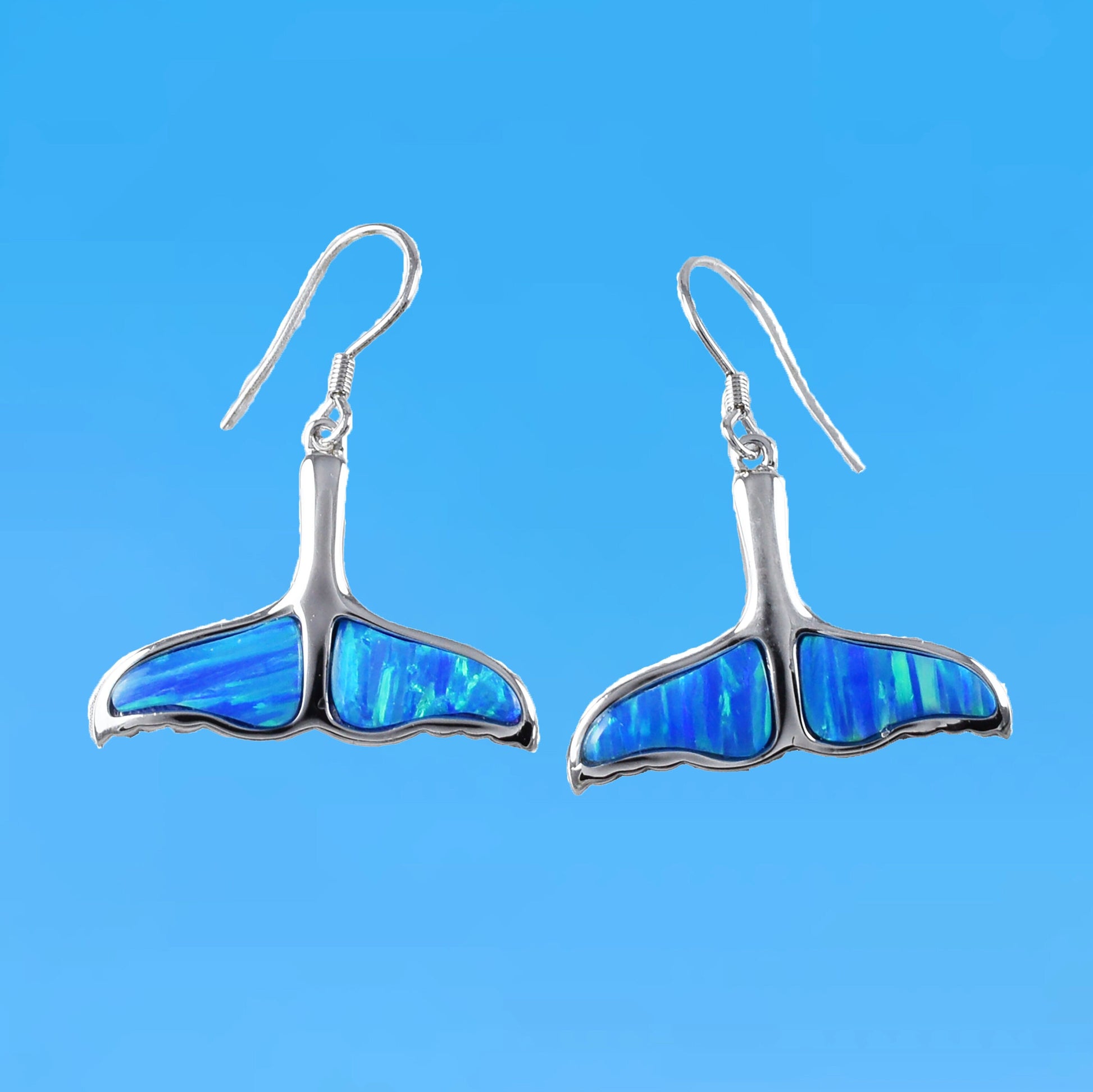 Gorgeous Hawaiian X-Large Blue Opal Whale Tail Earring, Sterling Silver Blue Opal Whale Tail Dangle Earring, E9378 Birthday Mother Gift - Hawaii Treasures Shop