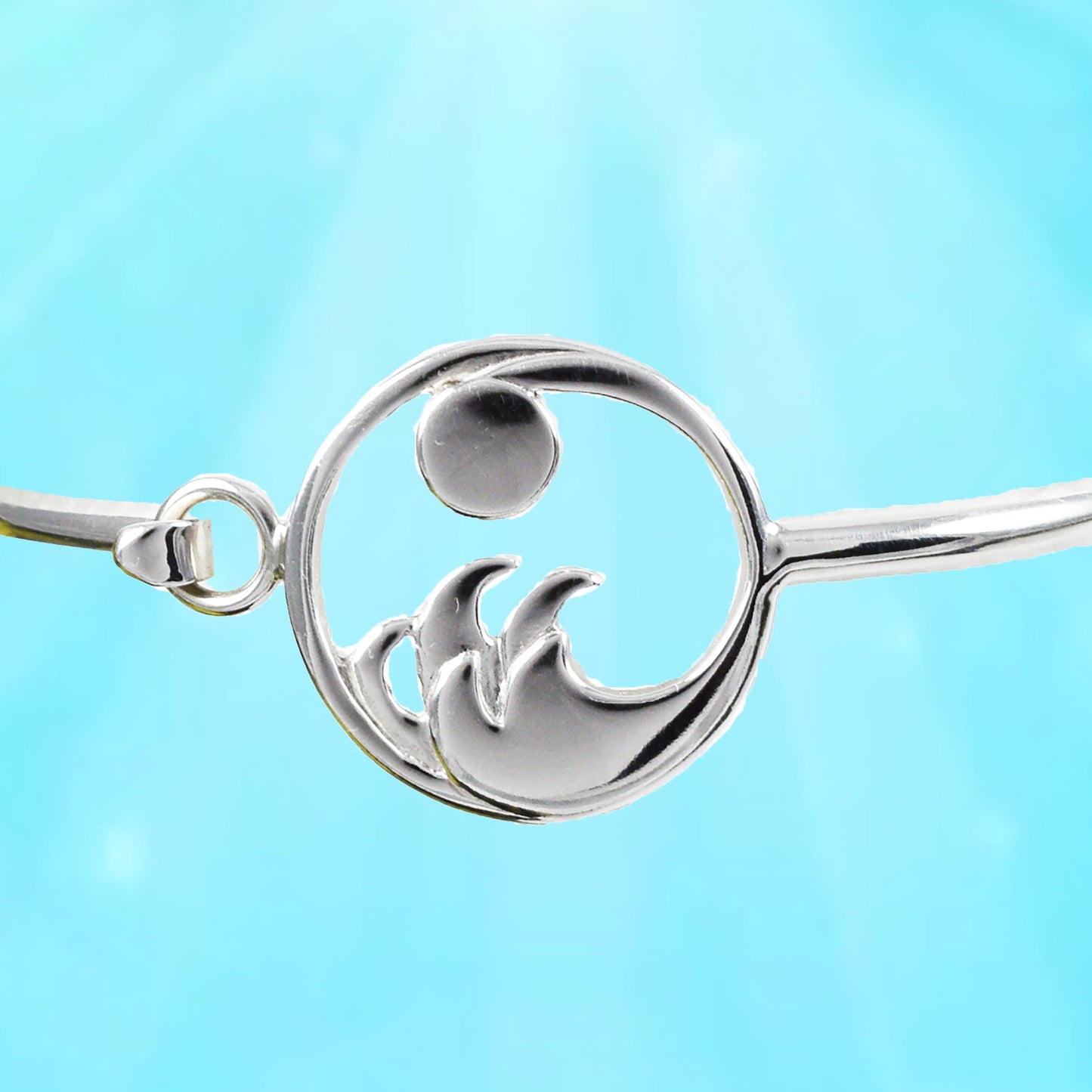 Hawaiian Sun and Ocean Wave Bangle Bracelet, Sterling Silver Sun and Wave Bracelet, Christmas Mother Mom Birthday Gift