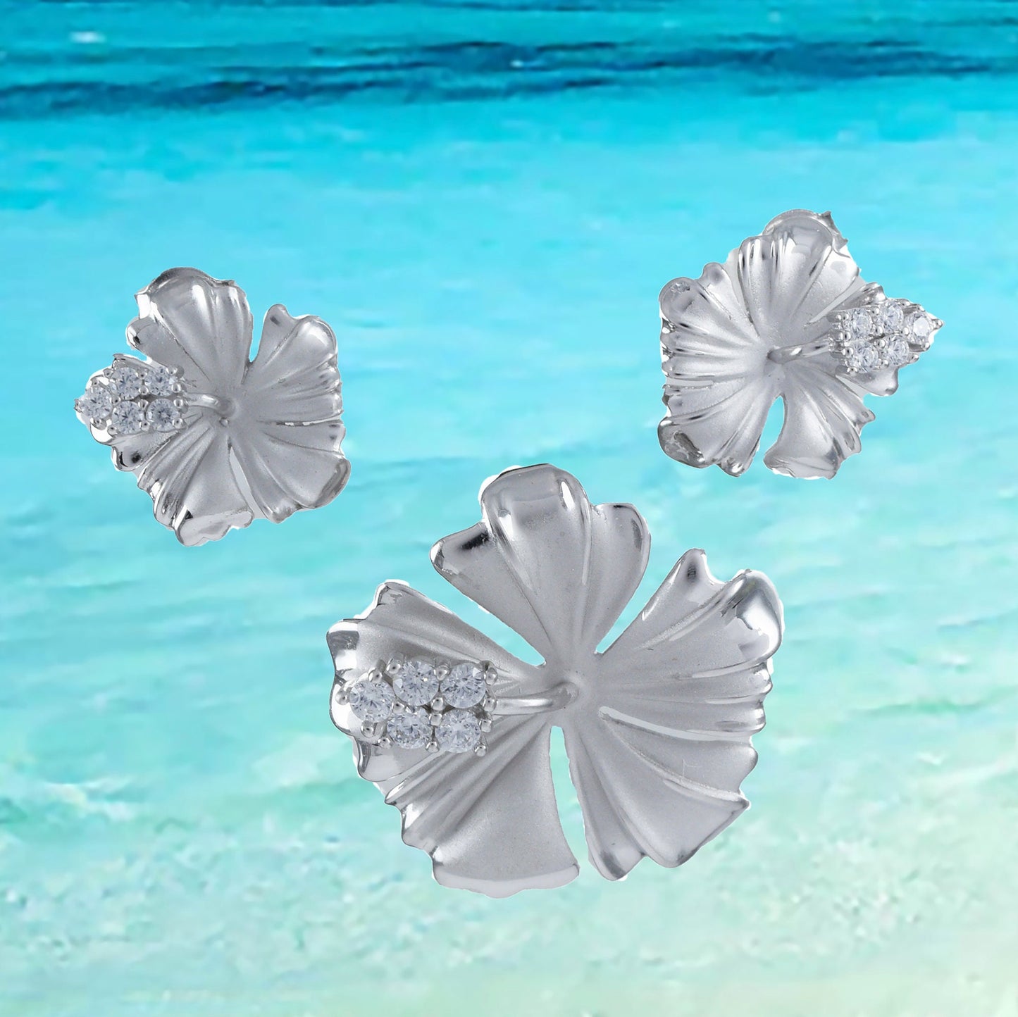 Hawaiian Large Hibiscus Necklace and Earrings, Sterling Silver Hibiscus CZ Pendant, Christmas Present, Anniversary Birthday Gift