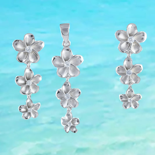 Hawaiian 3 Plumeria Necklace and Earrings, Sterling Silver 3 Plumeria CZ Pendant, Hawaiian Jewelry, Christmas Anniversary Birthday Gift