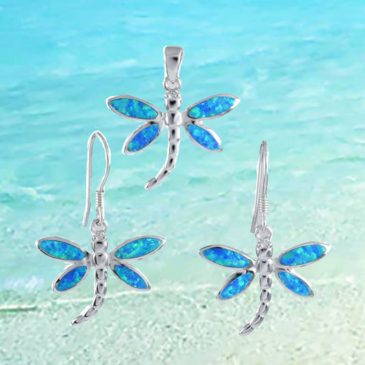 Hawaiian Blue Opal Dragonfly Necklace and Earrings, Sterling Silver Blue Opal Inlay Dragonfly Pendant, Christmas Present, Birthday Gift