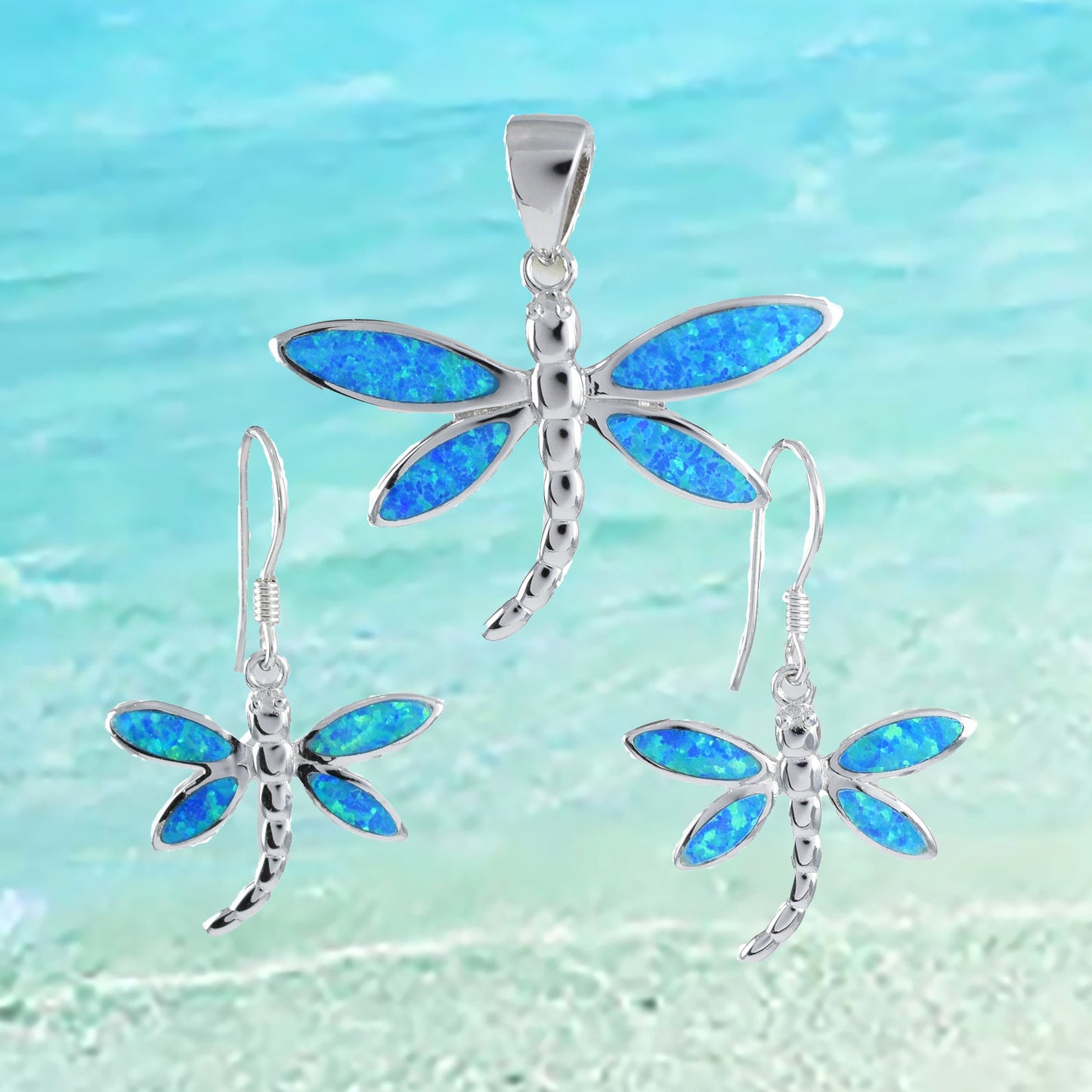 Hawaiian Large Blue Opal Dragonfly Necklace and Earrings, Sterling Silver Blue Opal Dragonfly Pendant, Christmas Present Birthday Gift