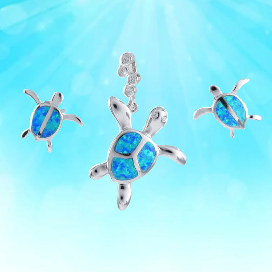 Hawaiian Blue Opal Sea Turtle Necklace and Earrings, Sterling Silver Blue Opal Inlay Sea Turtle CZ Pendant, Christmas Mom Birthday Gift