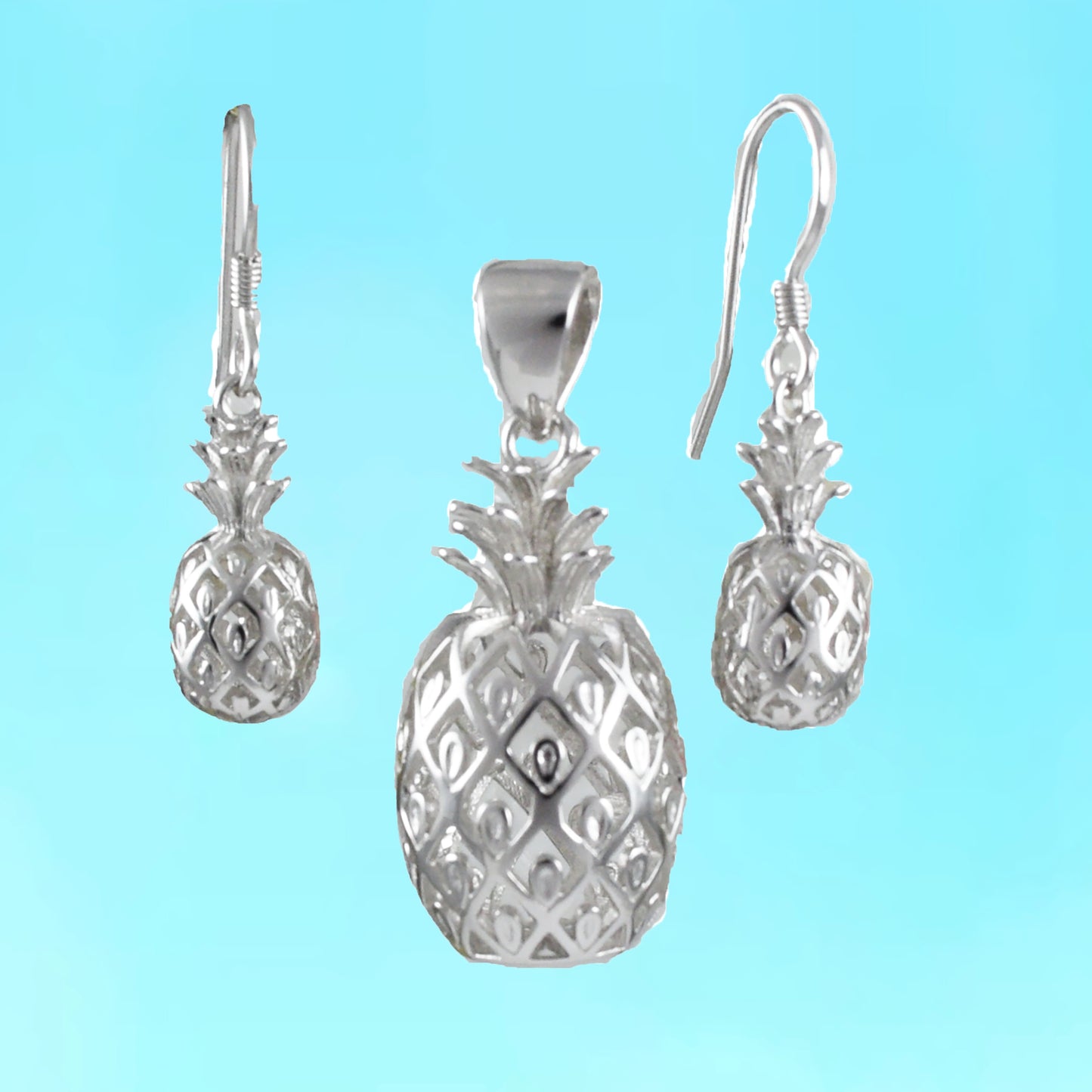 Hawaiian 3D Large Pineapple Necklace and Earrings, Sterling Silver 3D Pineapple Pendant, Christmas Anniversary Birthday Gift