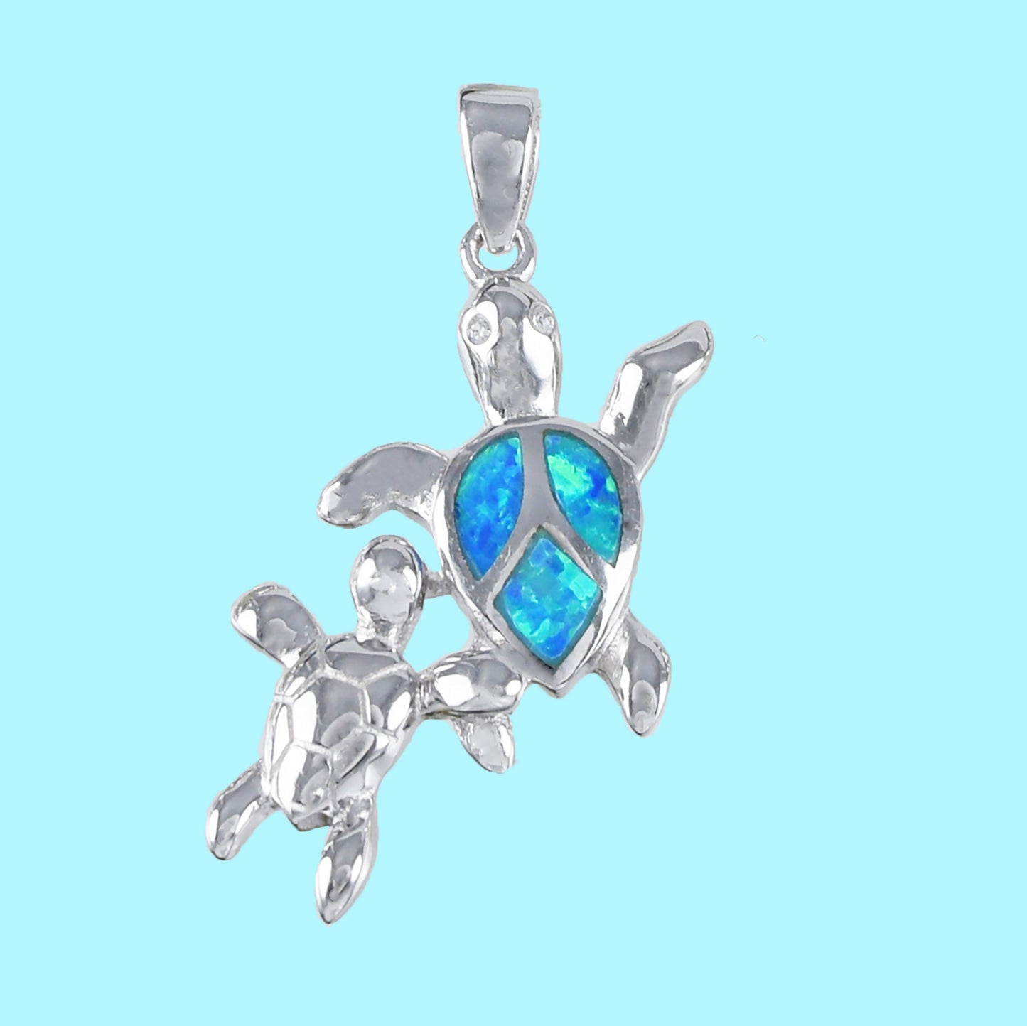 Hawaiian Blue Opal Mom & Small Sea Turtle Pendant, Sterling Silver Blue Opal 2 Turtle CZ Eye Pendant, Christmas Birthday Mom Gift