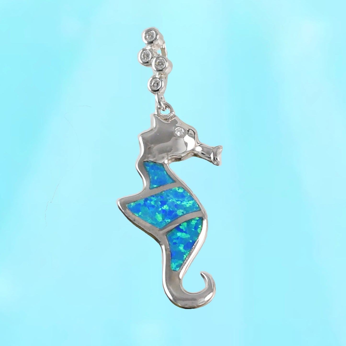 Hawaiian Blue Opal Seahorse Pendant, Sterling Silver Blue Opal Sea Horse CZ Pendant, Christmas Anniversary Birthday Mom Gift