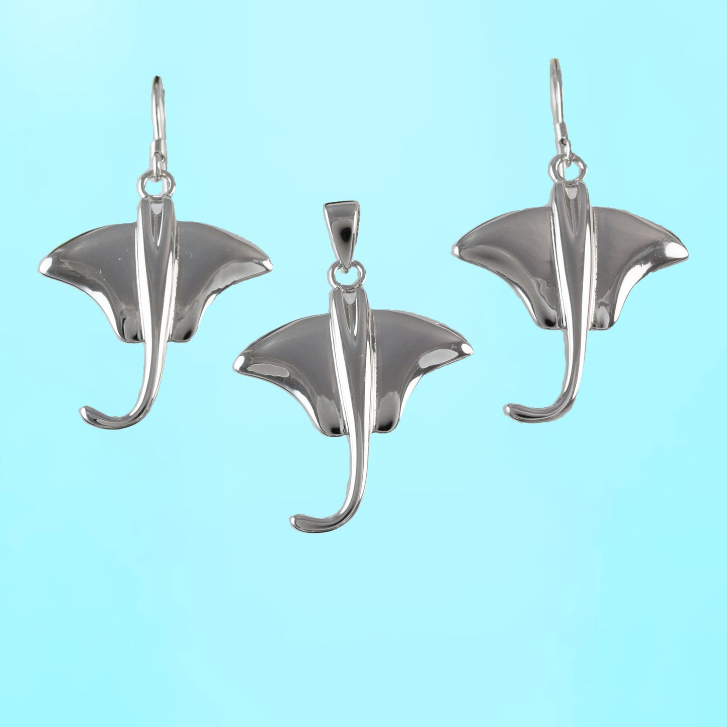 Hawaiian Stingray Necklace and Earrings, Sterling Silver Sting Ray Charm Pendant, Hawaiian Jewelry, Christmas Anniversary Mom Birthday Gift