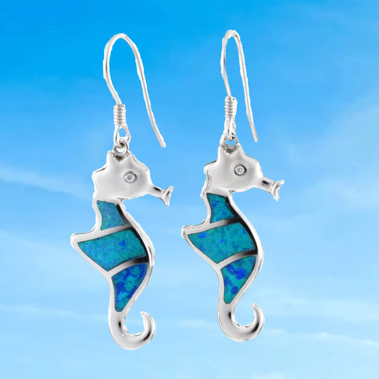 Hawaiian Large Blue Opal Seahorse Earrings, Sterling Silver Opal Sea Horse Dangle Earrings, E6167 Birthday Mother Mom Gift