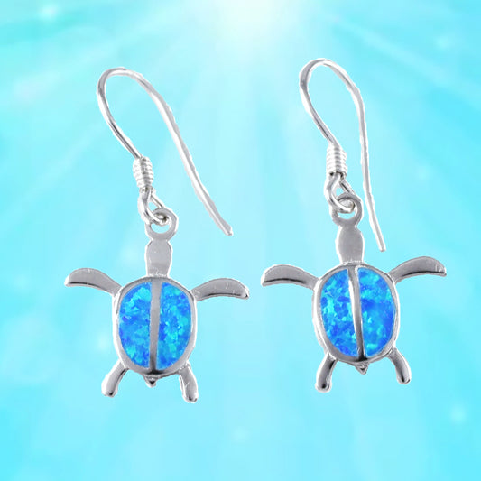 Hawaiian Blue Opal Sea Turtle Earrings, Sterling Silver Blue Opal Sea Turtle Dangle Earrings, Christmas Present Birthday Christmas Gift