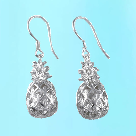 Hawaiian Large 3D Pineapple Earrings, Sterling Silver Pineapple Dangle Earrings, Hawaiian Jewelry, Christmas Anniversary Birthday Gift