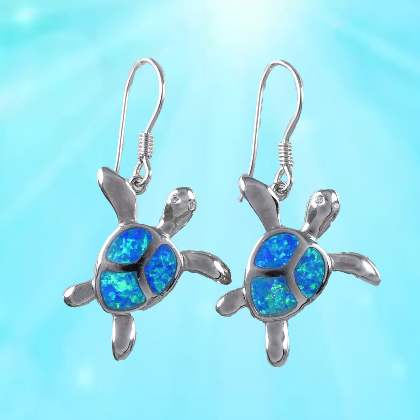 Hawaiian Large Blue Opal Sea Turtle Earring, Sterling Silver Blue Opal Sea Turtle Dangle Earring, Christmas Present Birthday Mother Mom Gift