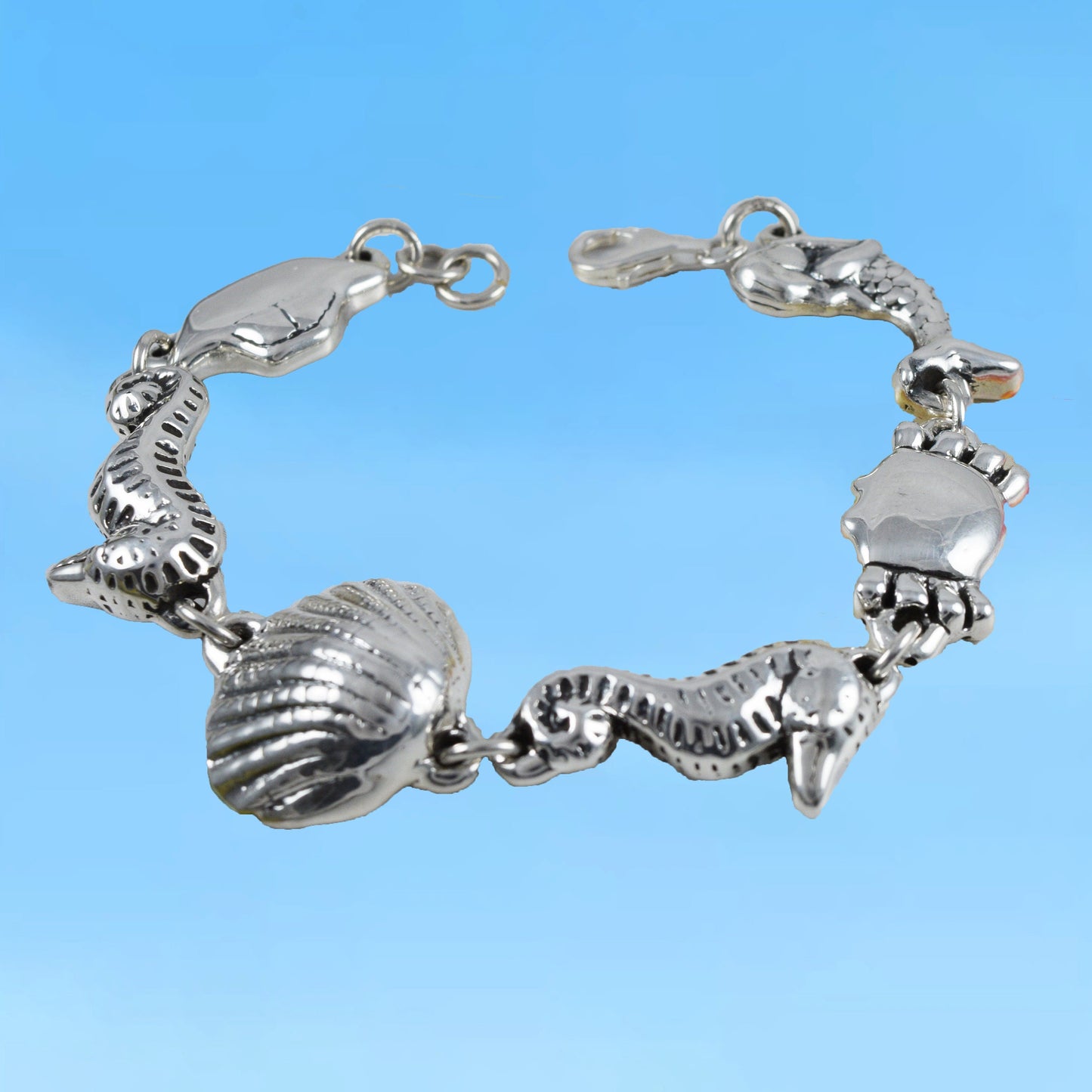 Hawaiian X-Large Seahorse Seashell Mermaid Crab Bracelet, Sterling Silver Sealife Bracelet, B3305 Birthday Mom Gift