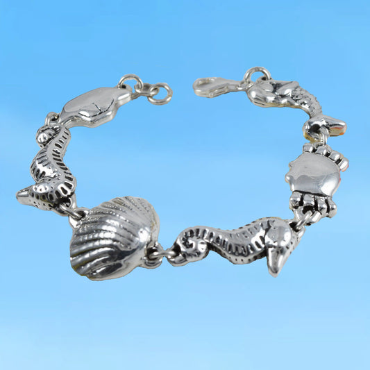 Hawaiian X-Large Seahorse Seashell Mermaid Crab Bracelet, Sterling Silver Sealife Bracelet, B3305 Birthday Mom Gift