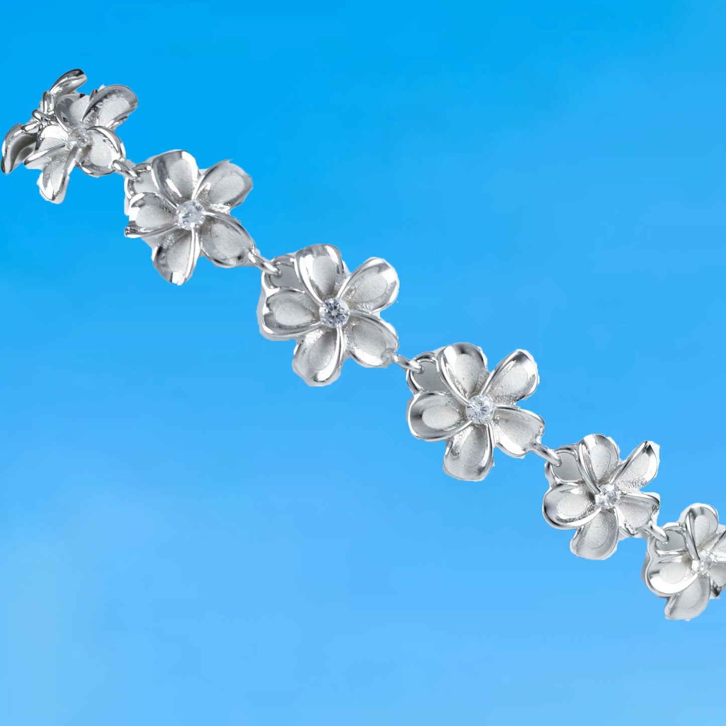 Hawaiian Plumeria Bracelet, Sterling Silver Plumeria CZ Bracelet, B3334 Birthday Anniversary Mom Mother Gift, Island Jewelry