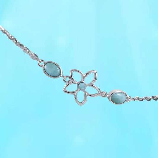 Adjustable Hawaiian Genuine Larimar Plumeria Anklet, Sterling Silver Larimar Plumeria Ankle Bracelet, Christmas Birthday Mom Gift