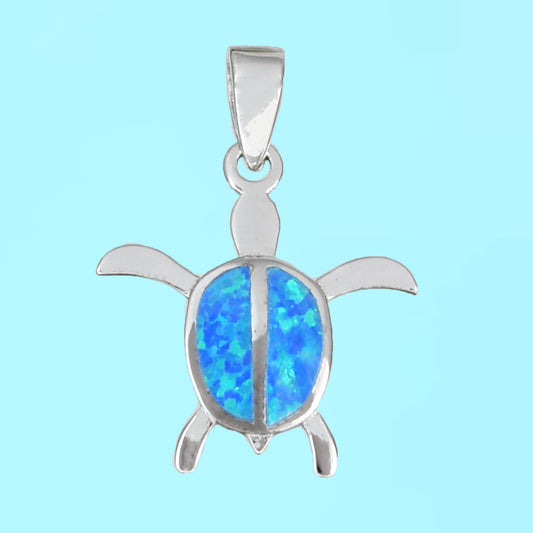 Hawaiian Blue Opal Sea Turtle Pendant, Sterling Silver Blue Opal Inlay Sea Turtle Charm, W52012 Christmas Mom Birthday Gift