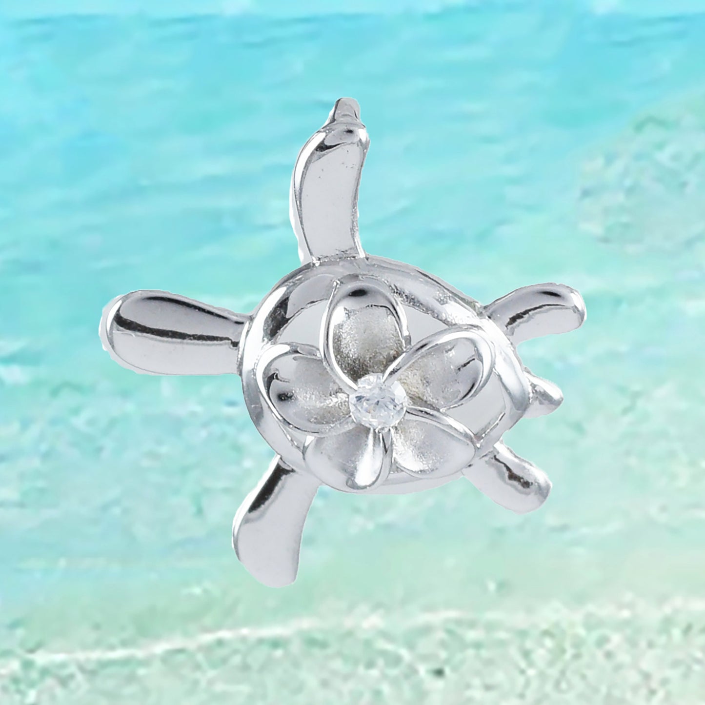 Hawaiian Sea Turtle Plumeria Pendant,  Sterling Silver Turtle Plumeria CZ Pendant, Christmas Anniversary Birthday Gift