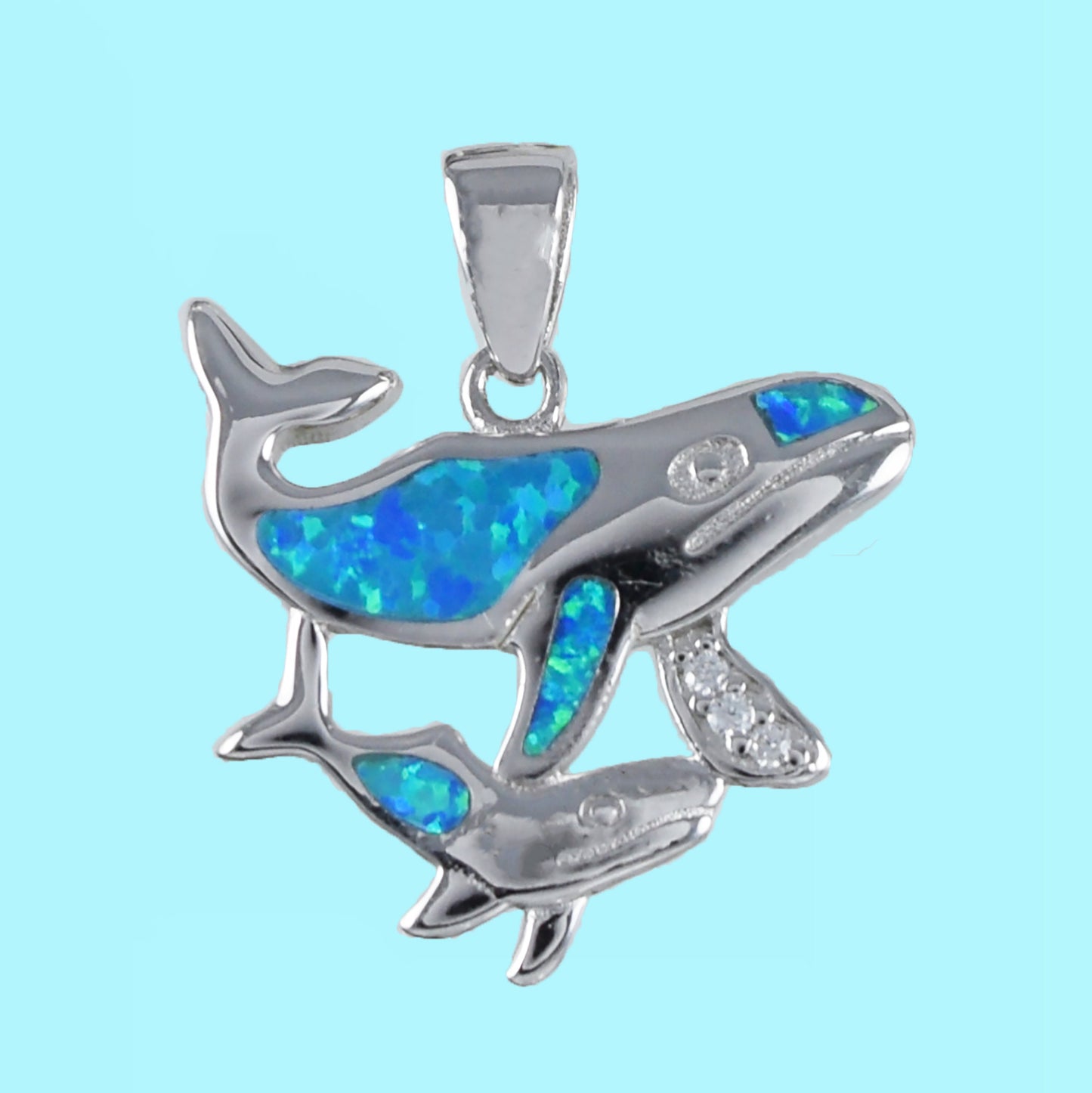 Hawaiian Mom & Small Humpback Whale Pendant, Sterling Silver Blue Opal 2 Humpback Whale CZ Charm Pendant, Christmas Mom Birthday Gift