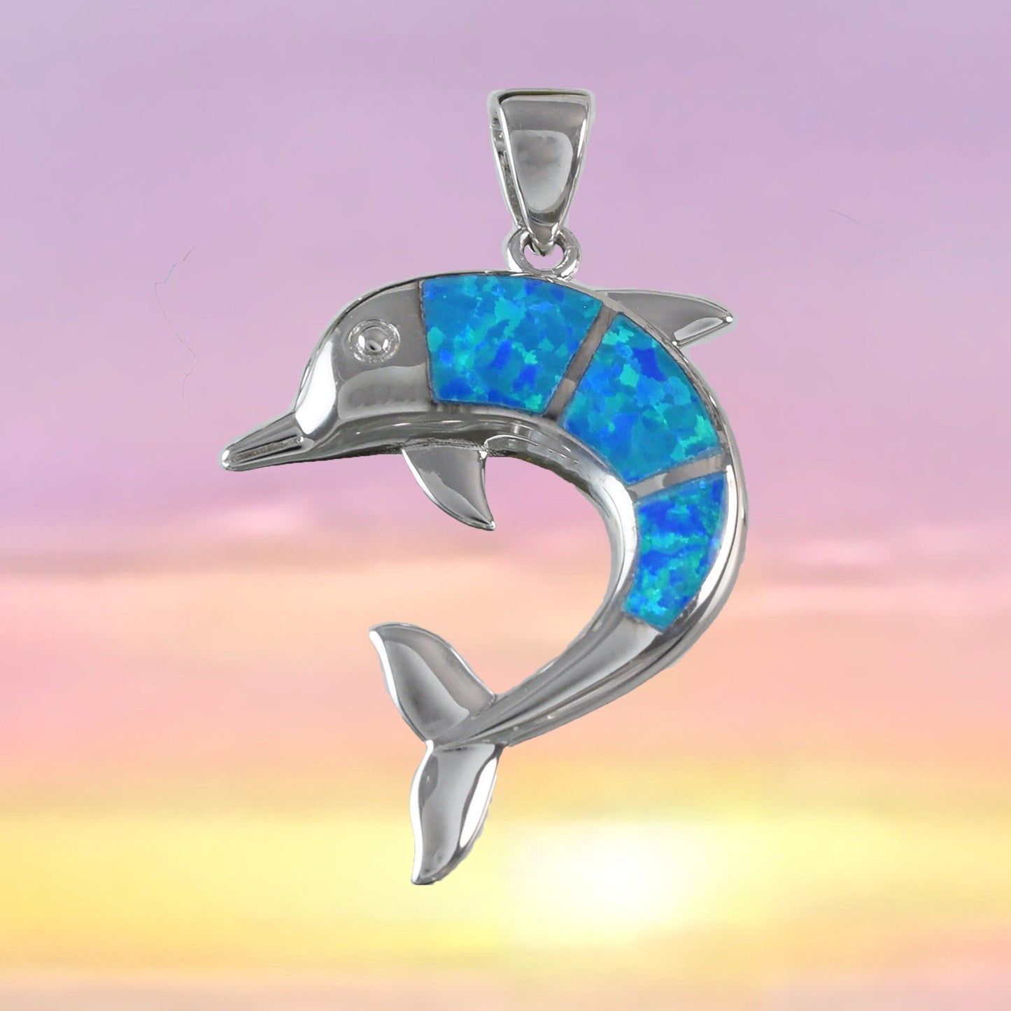 Hawaiian Large Blue Opal Dolphin Pendant, Sterling Silver Blue Opal Dolphin Pendant, N6030 Birthday Mother Mom Gift