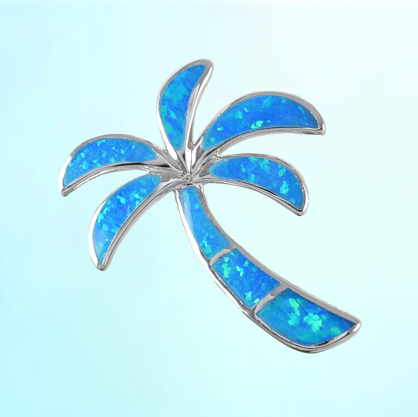 Hawaiian Blue Opal Palm Tree Pendant, Sterling Silver Blue Opal Inlay Palm Tree Pendant, Christmas Present Birthday Mom Gift