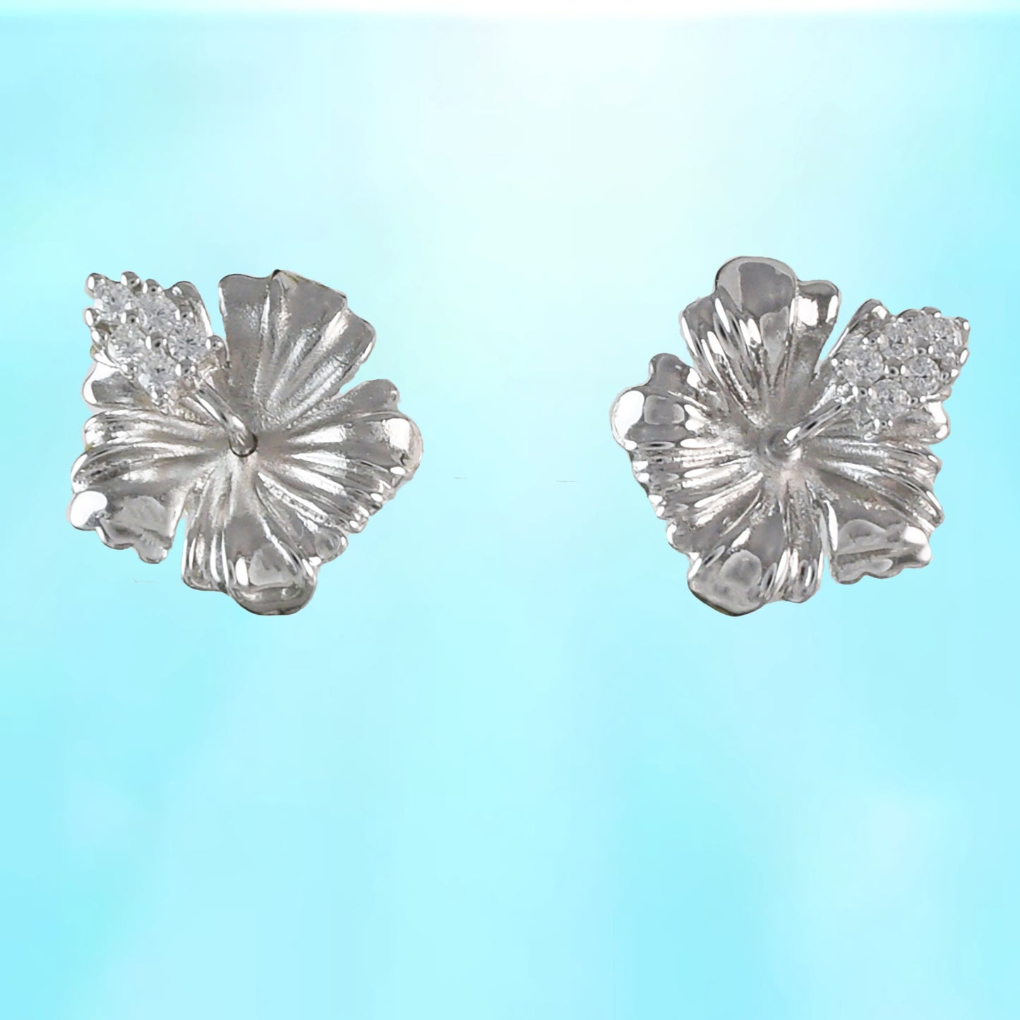 Hawaiian Hibiscus Earrings, Sterling Silver Hibiscus Flower CZ Stud Earrings, Hawaiian Jewelry, Christmas Anniversary Birthday Gift