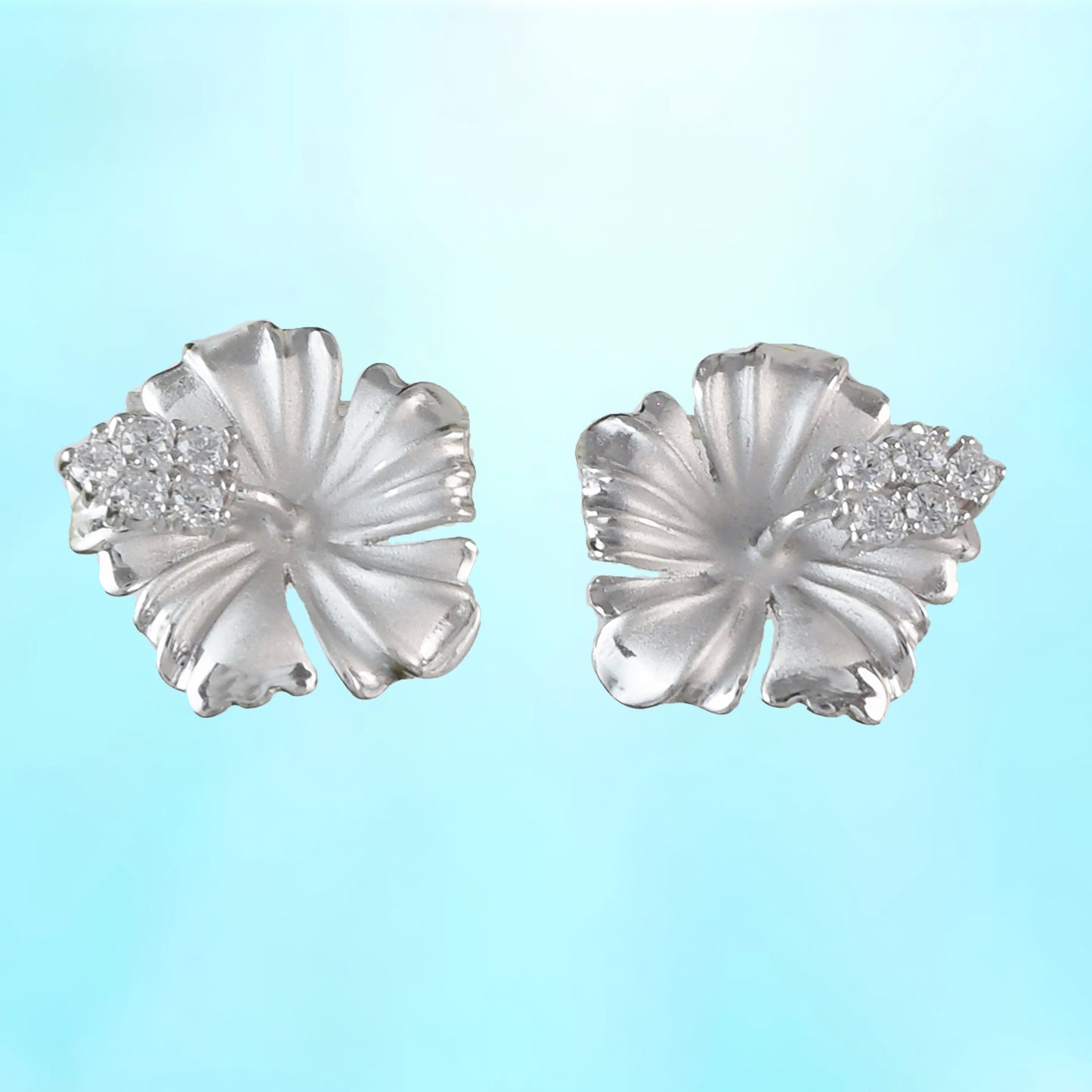 Hawaiian Hibiscus Earrings, Sterling Silver Hibiscus CZ Stud Earrings, Hawaiian Jewelry, Christmas Anniversary Birthday Gift