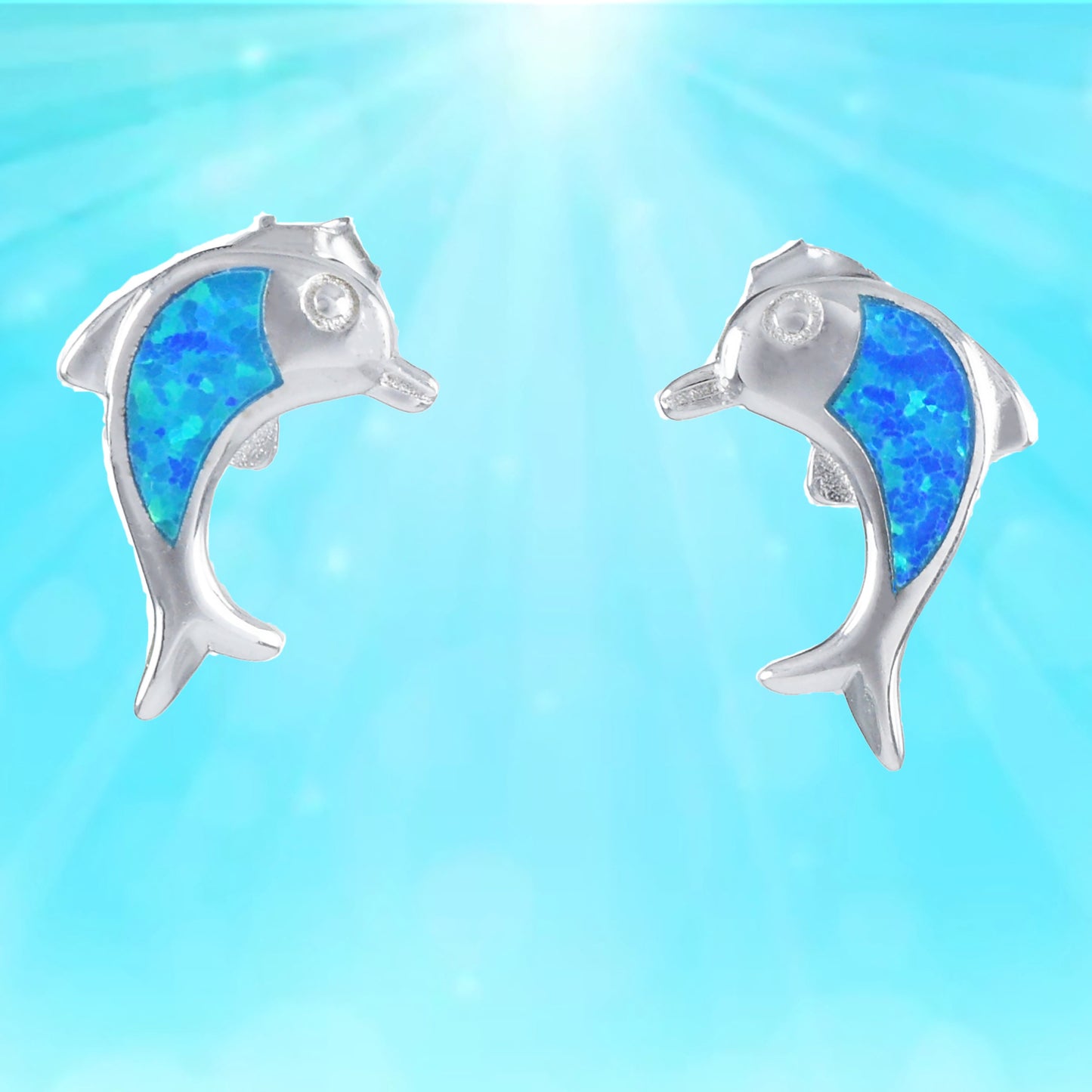 Hawaiian Blue Opal Dolphin Earrings, Sterling Silver Blue Opal Inlay Dolphin Stud Earrings, Hawaiian Jewelry, Christmas Birthday Gift