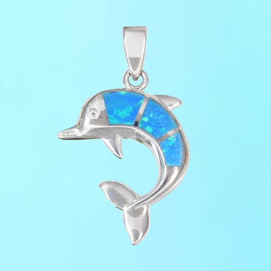 Hawaiian Blue Opal Dolphin Pendant, Sterling Silver Blue Opal Inlay Dolphin Charm Pendant, Christmas Anniversary Birthday Gift