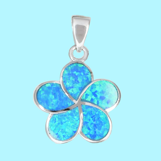 Hawaiian Blue Opal Plumeria Pendant, Silver Blue Opal Inlay Plumeria Pendant, Christmas Anniversary Birthday Mom Gift