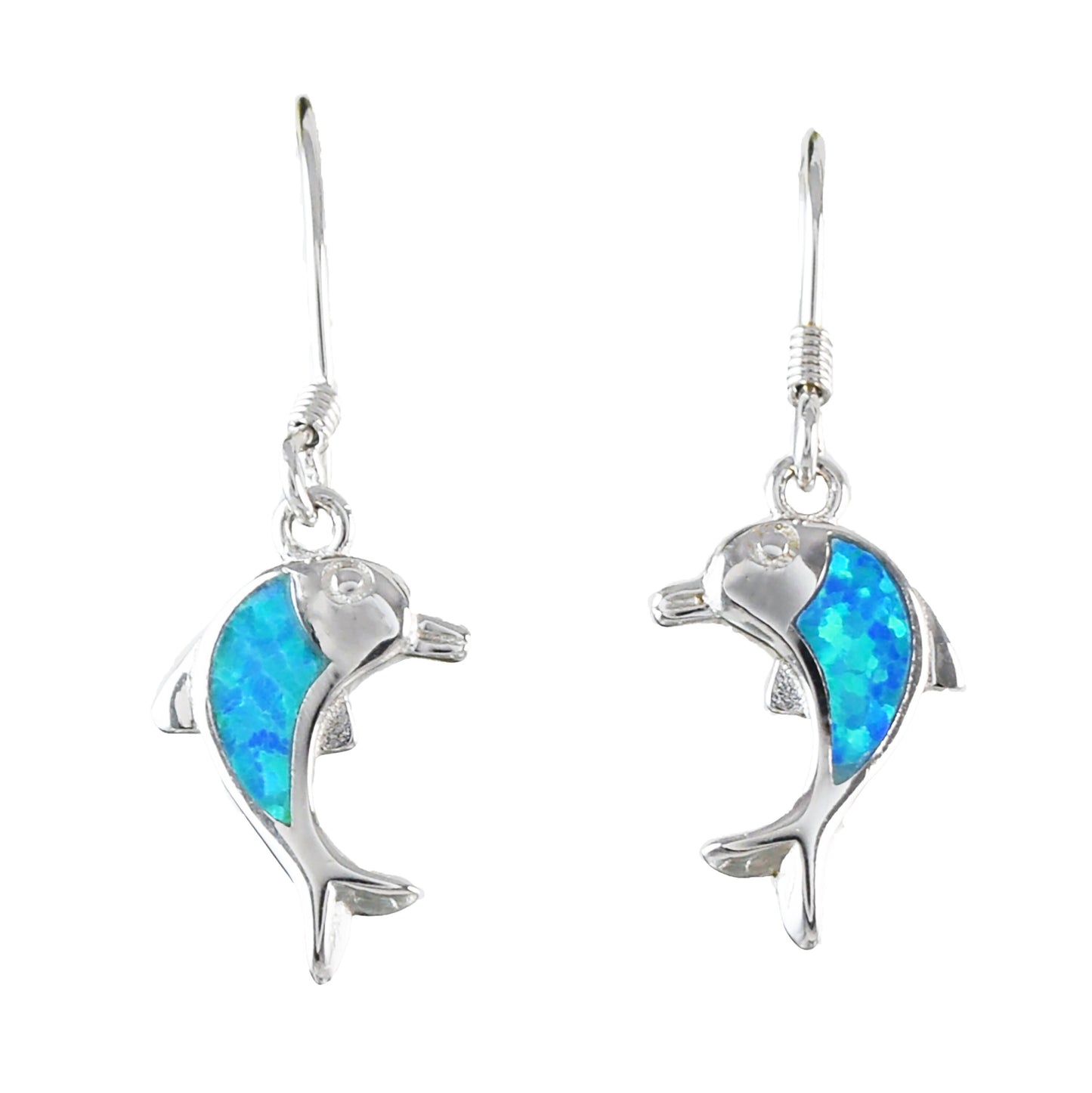 Hawaiian Blue Opal Dolphin Earrings, Sterling Silver Blue Opal Inlay Dolphin Dangle Earrings, Christmas Mom Birthday Gift