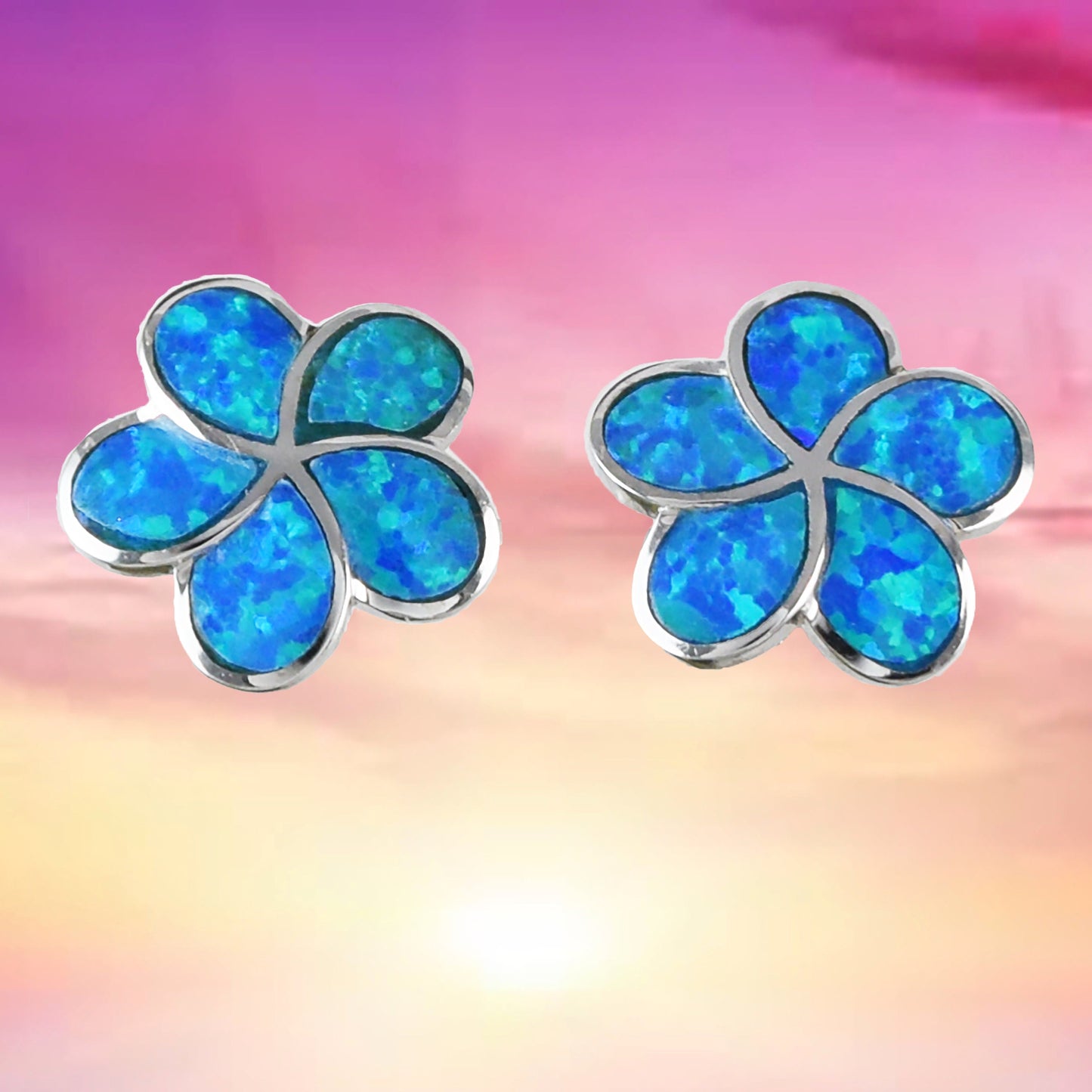 Beautiful Hawaiian Blue Opal Plumeria Earring, Sterling Silver Blue Opal Plumeria Stud Earring, E4031 Birthday Mom Mother Gift - Hawaii Treasures Shop