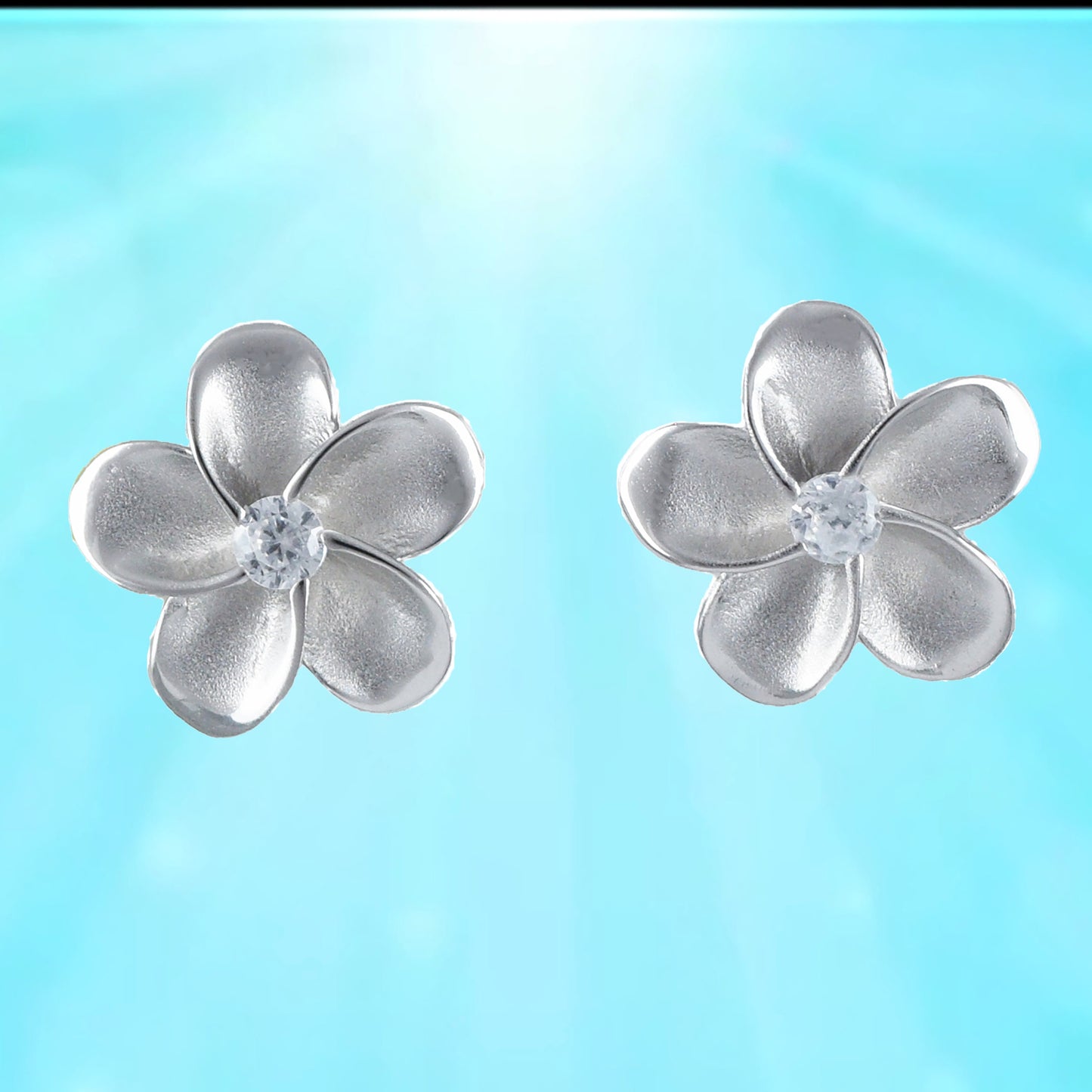 Hawaiian Plumeria Earrings, Sterling Silver Plumeria CZ Stud Earrings, Hawaiian Jewelry, Christmas Anniversary Birthday Gift